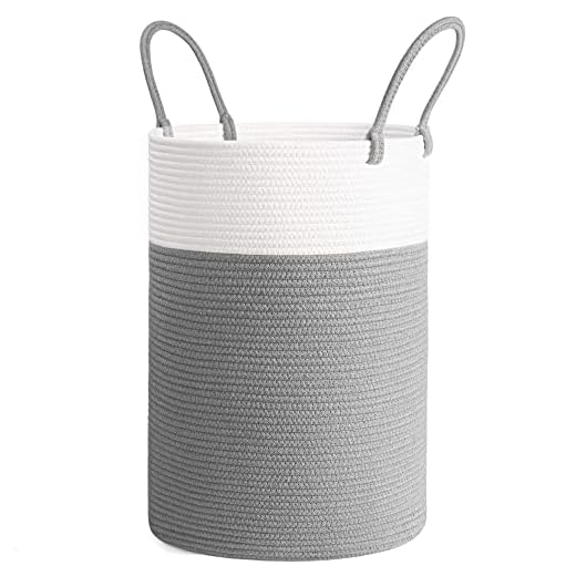 Goodpick Baby Nursery Clothes Hamper, Cute Rope Laundry Basket for Kids Bedroom, Living room, Tall Laundry Bin for Clothes, Blanket, Towel, Toy, Grey, 15 x 20 inches, 58L