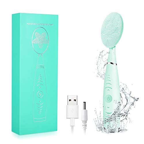 Silicone Sonic Facial Cleansing Brush-5 Adjustable Speed/IPX6 Waterproof/Rechargeable/Hand-Held Cleansing Instrument/Gentle Exfoliating/Long-Handled Electric Facial Deep Cleansing and Massaging (Blue)