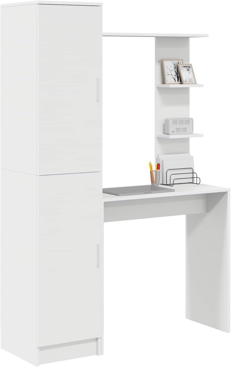 vidaXL Desk with Storage with Shelf 2 pcs White Engineered wood, Modern Office Desk, Rectangular Design, Storage Cabinet, Functional Workspace Furniture, Compact Wooden Set, Organized Setup