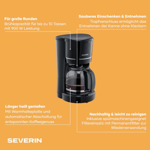 SEVERIN Filterkaffeemaschine, 10 Tassen, Permanentfilter, Glaskanne, Schwarz [KA 4320] – Ansicht 3