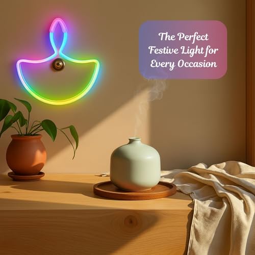 Image of One94Store Diwali Diya Neon Sign Light | Multicolor LED Neon Rope for Home, Mandir & Pooja Room Decoration | IP65 Waterproof Indoor Outdoor Festival Decor