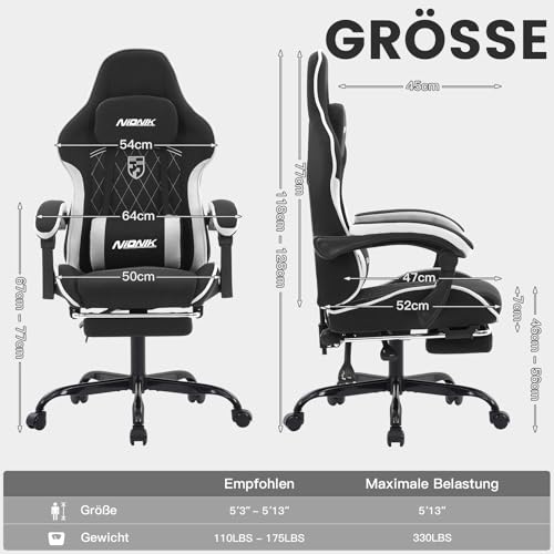 Gaming Stuhl, Racing Gaming Chair mit Fußstütze Ergonomischer Gaming-Stuhl Kopfstütze Verstellbarer Computerstuhl Höhenverstellbar Lendenwirbelstütze für Homeoffice und Gaming Blackwhite – Bild 4