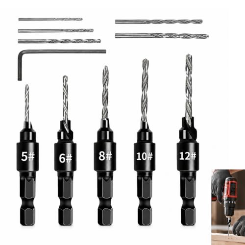 5 piezas Brocas Avellanadoras, Broca Avellanadora Madera HSS con Vástago Hexagonal de 1/4", Brocas Piloto Ajustables de Cambio Rápido, 5 brocas reemplazables gratis con una llave hexagonal
