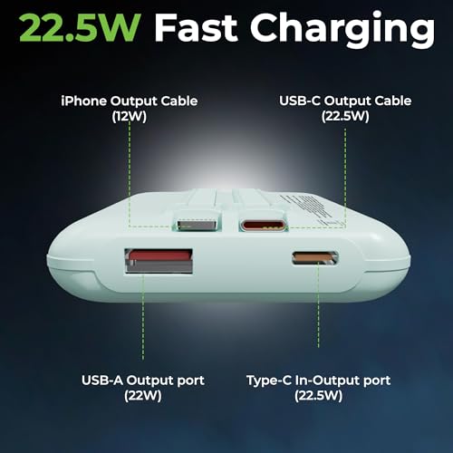 Image of UltraProlink Power Bank 10000mah Fast Charging|16.8mm Slim|22.5W QC-PD-PPS Fast Charging Battery Bank|with USB-C & iPhone Cable|Digital Display|Power Bank for Tablets & Smartphones| Green |UM1127