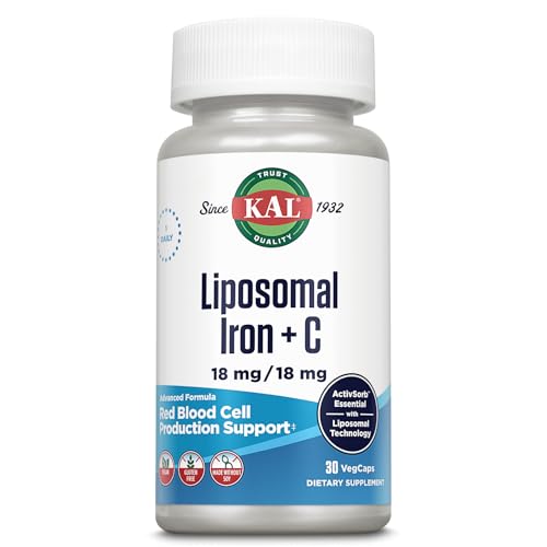 KAL Liposomal Iron Supplement with Liposomal Vitamin C Iron Supplement for Women and Men High Absorption Gentle Iron Pills Vegan Gluten Free 30 Servings 30 VegCaps