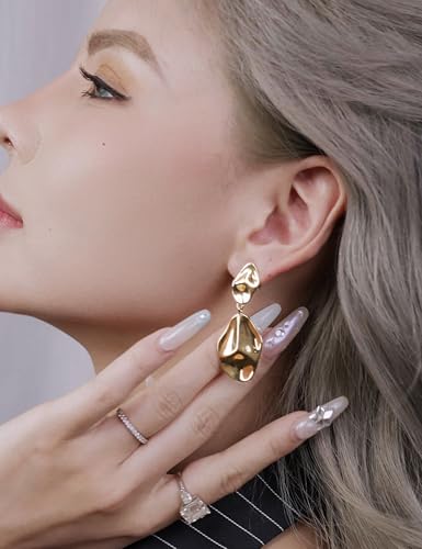 FAN&LOUIS Clip On Dangle Earrings Women,14K Gold Statement Dangle Earrings Clips Lightweight Hammered Drop Dangle Clip-on Earrings for Women 20264