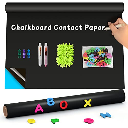 AkTop Magnetic Chalkboard Contact Paper for Wall, 40 x 17.3 Black Self Adhesive Chalk Board Wallpaper Sticker, Removable Large Blackboard Vinyl Paper with 46 Magnetic Letters for Kids