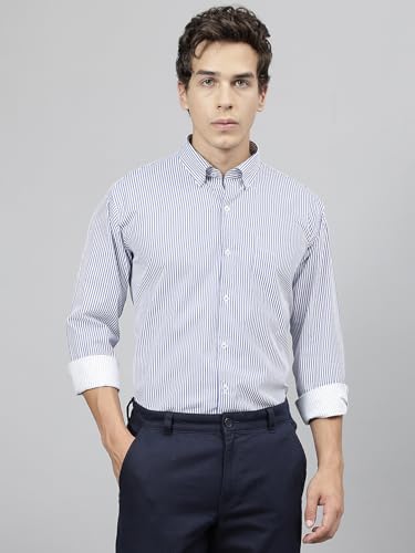 Image of Hancock Standard Slim Fit Striped Button-Down Collar Pure Cotton Casual Shirt(9607White-Red)