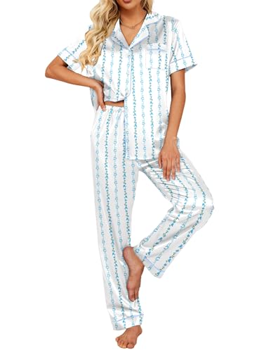Image of Ekouaer 2 Piece Satin Short Sleeve Pajamas Set Button Down Sleepwear | Soft Pjs Set Classic Loungewear for Wedding, Party, Home, Daily Wear, Date Nights