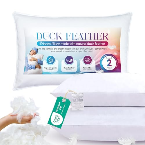 Sunshine Comforts Duck Feather Pillows (2 Pack) 1200GSM Luxury Bed Pillows for Sleeping (50X75cm) Soft for All Sleep Positions Breathable Washable & Hypoallergenic UK Standard Size