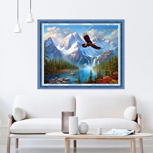 Image of Dooxvey Cross Stitch Kits for Adults Beginners - Full Range of Stamped Kits - 11CT Cross Stitch Patterns - Mountain River Flying Eagles - 16x20 inch