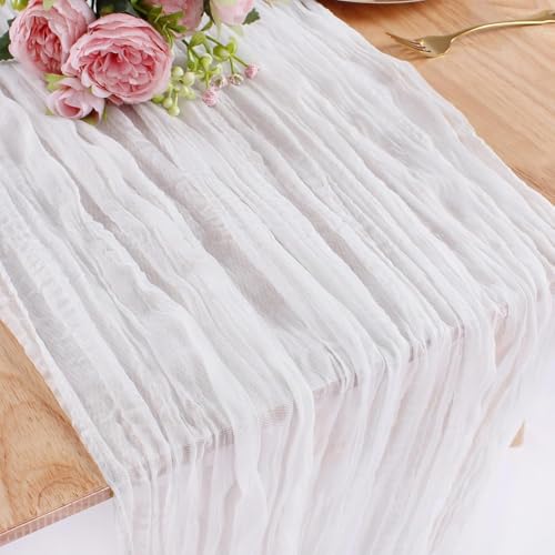 Kesfey 13FT Chemin De Table Blanc en Cheesecloth 90x400cm Long Boho Gaze Chemins De Table Cheese Cloth pour Fête De Mariage Fête Nuptiale Douche De Bébé Anniversaire...
