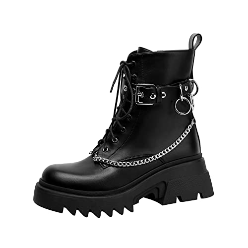 Hicolor Women's Side Zipper Round Toe Boots Chains Silver Ring Buckles Boots Ladies Leisure Anti-Slip Breathable Flat Heels Shoes #TOP1