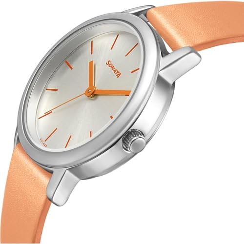 Image of Sonata Excl Fkt Plain 3 Hands Silver Round Dial Orange A1Leather Strap Women's Watch - 8172SL04