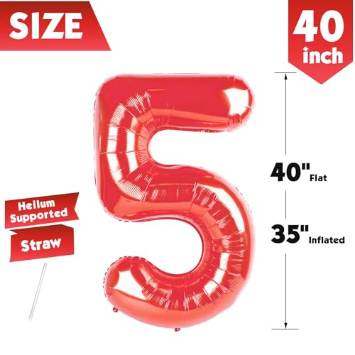 Image of 40 Inch Red Number 5 Balloon Birthday Party Decorations for Men & Women | 40 Inch Red inflatable foil number balloons, large birthday decorations for 5th birthday