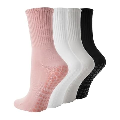 TOAMOUR 4 Pairs Pilates Socks with Grips for Women, Non Slip Yoga Socks, Athletic Crew Socks Ballet Barre Dance Workout Socks Cover