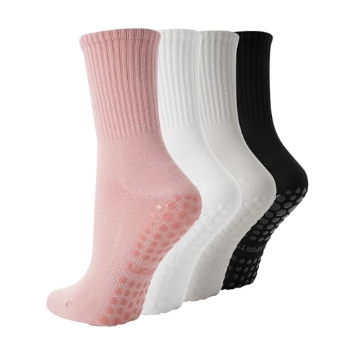 Image of TOAMOUR Pilates Socks with Grips for Women, 4 Pairs Non Slip Grippy Socks | Athletic Ballet Barre Dance Workout Hospital Yoga Crew Socks, Arch Support, Elastic Stretch, Smooth Toe, US 5-9