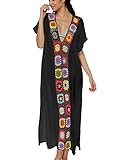 Bsubseach Crochet Colorful Floral Patchwork Beach Tunic Kaftan Dress Black Women Long Swimwear Cover Up Beachwear
