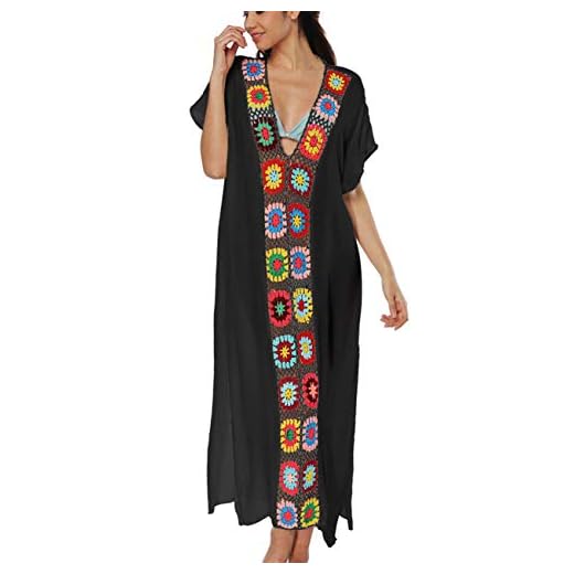 Bsubseach Crochet Colorful Floral Patchwork Beach Tunic Kaftan Dress Black Women Long Swimwear Cover Up Beachwear