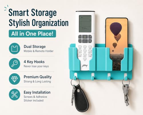 Image of CERLINK Wall Mounted Mobile Holder for Phone & TV Remote | ABS Storage Organizer with 2 Compartments, 2 Key Hooks and Strong Self-Adhesive No-Drill Installation (Black)
