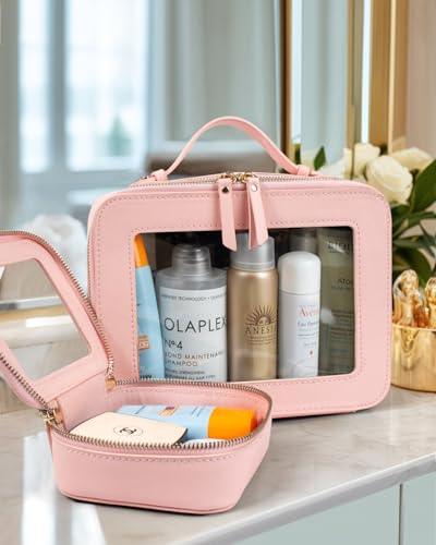 Image of LETGO Clear Makeup Bag Mahjong Tile Bag with Zipper and Handle| Structured Large Travel Makeup Bag for Toiletries for Women,Travel Cosmetic Case,Waterproof PU Leather,Wide Opening