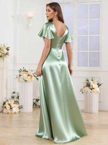 Women's Satin Bridesmaid Dresses with Sleeves Pleated Long Evening Gown 2025 Square Neck Formal Dress2