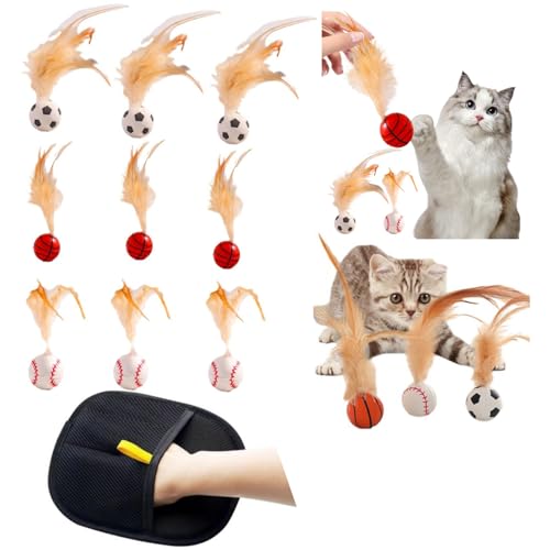 yikkiykk 9PCS Interactivo Gato Bouncy Ball, Gato Pelotas de Juguete con Plumas Teaser Mordedura Resistente Juguete(Guantes depilatorios Gratis)