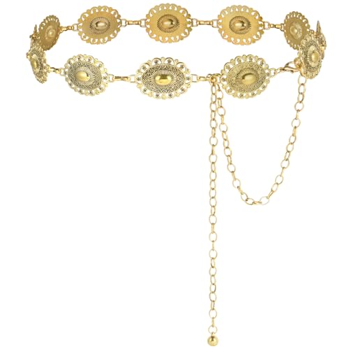 Alaoo Cinturón de Cadena de Metal para Mujer, Ajustable Cinturón de Cadena de Metal Occidental,Cadena de Cintura de Vaquera Occidental Retro para Vestidos,Vaqueros,Oro,B,110