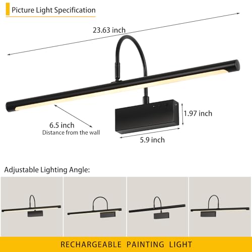 Image of Battery Operated Picture Light with Remote, 24 inch Wireless Rechargeable Art Light with Timer, Dimmable 3CCT Gallery Lighting for Paintings, Portraits, and Canvas (Black)