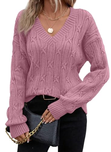 SHEWIN Fall Sweaters for Women 2025 Casual Long Sleeve Tops Trendy V Neck Cable Knit Sweater Lightweight Crew Neck Womens Sweaters Pink Small