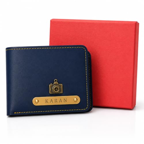 Image of B'Code Customised Original Leather Wallet for Men with Name, Personalized Purse (Navy Blue) Unique Stylish Gift for Brother, Husband, Boyfriend, Birthday, Rakshabandhan, New Year, Valentine's Day
