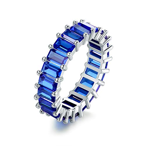 Created-Sapphire Eternity Ring For Women | Barzel 18K White Gold Plated Emerald Cut Created Sapphire Eternity Wedding Band (Sapphire, 5)