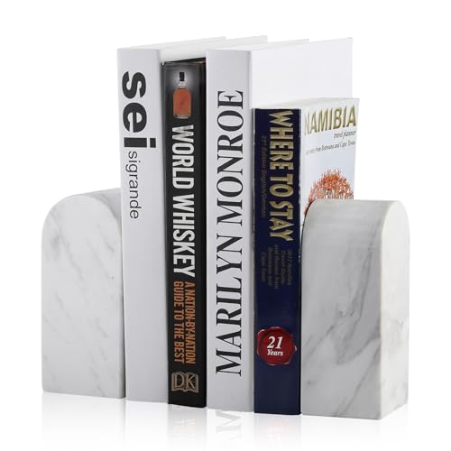 Koville Luxury Greek Marble Bookends for Shelves, Decorative Book Ends, 7lbs Heavy-Duty Marble Book Holders, Bookshelf Apartment Decor for Normal Books/CD/Video Games(Volakas)
