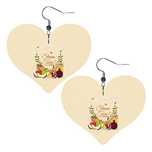 Pendientes de cuero Rosh Hashanah Shana Tova para mujer, pendientes colgantes, colgante de corazón con gancho, regalos para niña adulta