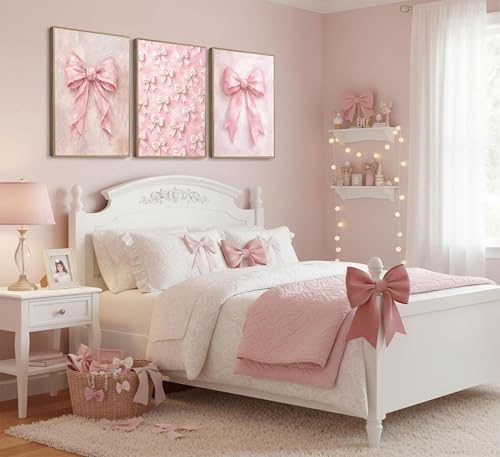 Image of 3Pcs Pink Bow Canvas Wall Art Vintage Trendy Cute Preppy Watercolor Bow Painting Pictures Wall Decor Posters Prints Girly Aesthetic for College Apartment Bedroom Decoration Unframed