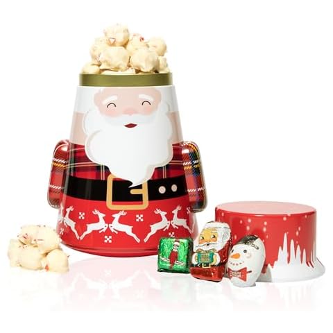 Purple Plum Santa’s SnowFall Tin with Peppermint Popcorn | Elf and Santa Wrapped Chocolates with White Creamy Crunch Snowman Cookie Gifts | Perfect Delight for Holiday Moments Cover