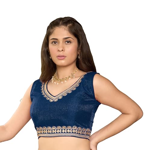 Image of Pujia Mills Women's Sequin Embroidered V Neck Sleeveless Readymade Saree Blouse Indian Ethnic Designer Stitched Readymade Saree Blouse Sleeveless Blouse Readymade Blouse for Women