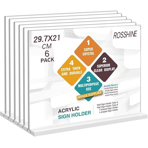 Image of A4 Acrylic Sign Holder, 6 Pack T-Shape Display Stand Clear Menu Holders
