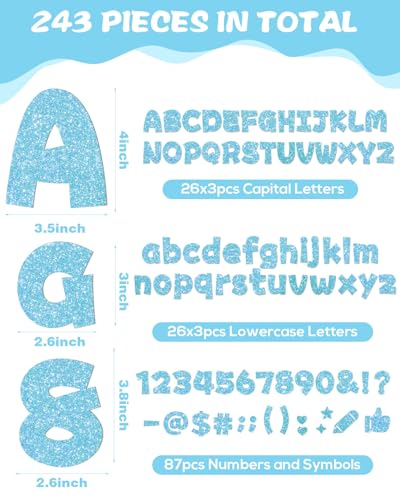 Image of 243 Pcs Glitter Bulletin Board Letters, Numbers and Punctuation 4 Inch | Cut Out Letters for Bulletin Board Decorations, Poster Board Letters Alphabet Cutouts for Classroom Wall Decor (Light Blue)