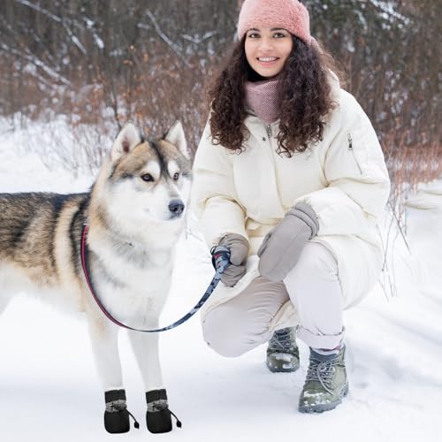 Hundeschuhe Winter, Plüsch Hundeschuh Pfotenschutz, Rutschfest Hunde Schuhe Winter Outdoor, Dog Shoes mit Reflektierendem Streifen, für Kleine-Mittlere Hunde Sport im Freien (Schwarz-Size 5)