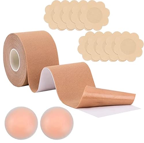 CTDMJ Breast Tape, Cinta Adhesiva Sujetador, Cinta para los Pechos, Cinta Levantamiento Senos con 5 Pares cubrepezones y 1 par Silicona Reutilizable para Vestidos sin Espalda (5m*5cm)