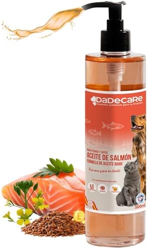 Aceite de Salmon Perros y Gatos 500ML - Omega 3-6-9, Vitamina E - Camelina y Linaza, Aceite Salmon Perros - Refuerza Sistema Inmune, Pelaje Fuerte, Articulaciones - Ingredientes Naturales, Dietas Barf