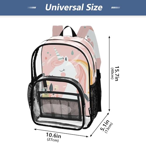 Pastel Rainbow Dreamy unicorns Backpack Clear For School Clear Book Bags With Side Pocket Transparent Seethrough Heavy Duty Back Pack4