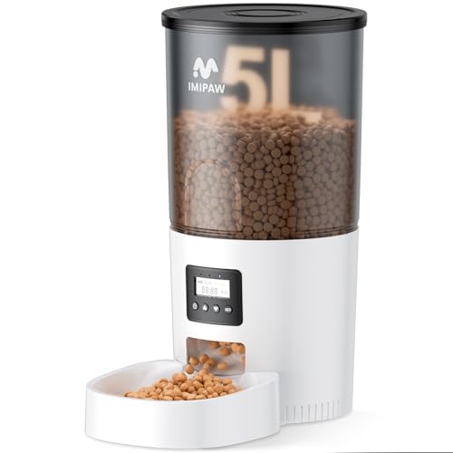 IMIPAW Automatic Cat Feeders, 5L Large Capacity, Timed Feeding Dry Food, Dual Power Design, Programmable Portion Size, 1-6 Meals Per Day, with Desiccant Packet, Suitable for Small Pets Food Dispenser