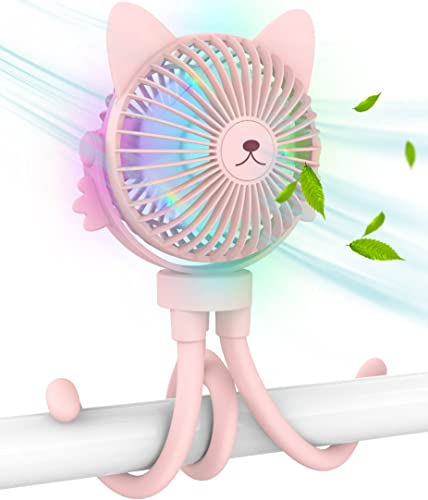 Image of FANimal Portable Stroller Fan for Baby – Rechargeable Handheld & Clip-On USB Fan, Stroller Accessories with Night Light (Pink)