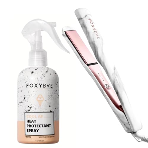  FoxyBae Heat Protectant Spray + Ceramic Flat Iron Bundle - Ceramic Tourmaline Hair Straightener for Frizz-Free Sleek Hair Styling [Marble]