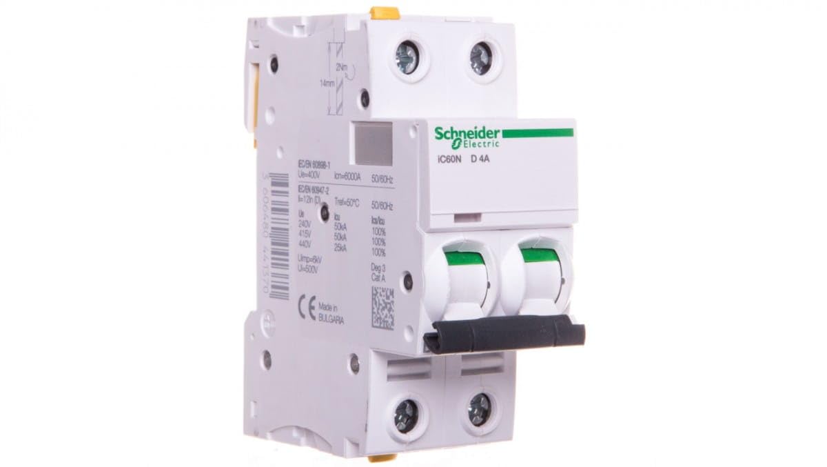 Schneider A9F05204 Disjoncteur iC60N 2P 4 A D Caractéristique Blanc