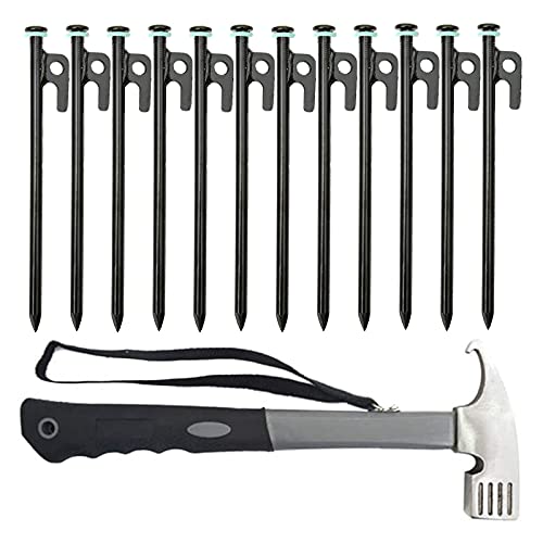 Linwnil Tent Stakes Heavy Duty, 8-inches Tent Stakes, Forged Steel Unbent Tent Pegs-Ideal Camping Stakes for Rocky/Hard Places(8inch,12Pcs+Tent Hammer)
