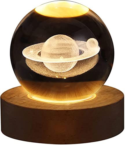 Bola de cristal USB 3D con base de madera, sistema solar 3D con LED, decoración de mesa, lámpara de planeta, luz nocturna, regalo de cumpleaños para niños, decoración de fiesta (Saturno)