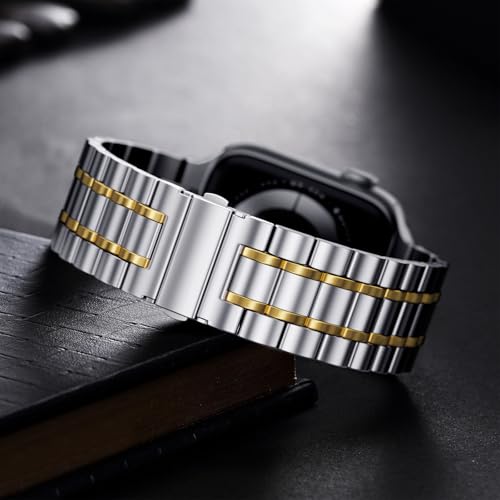Image of Bestig Compatible with Apple Watch Bands for Men Women 49mm 46mm 45mm 44mm 42mm(Series 3 2 1), Stainless Steel Metal Business Wristband Strap for iWatch Ultra Series 11 10 9 8 7 6 SE 5 4, Silver /Gold